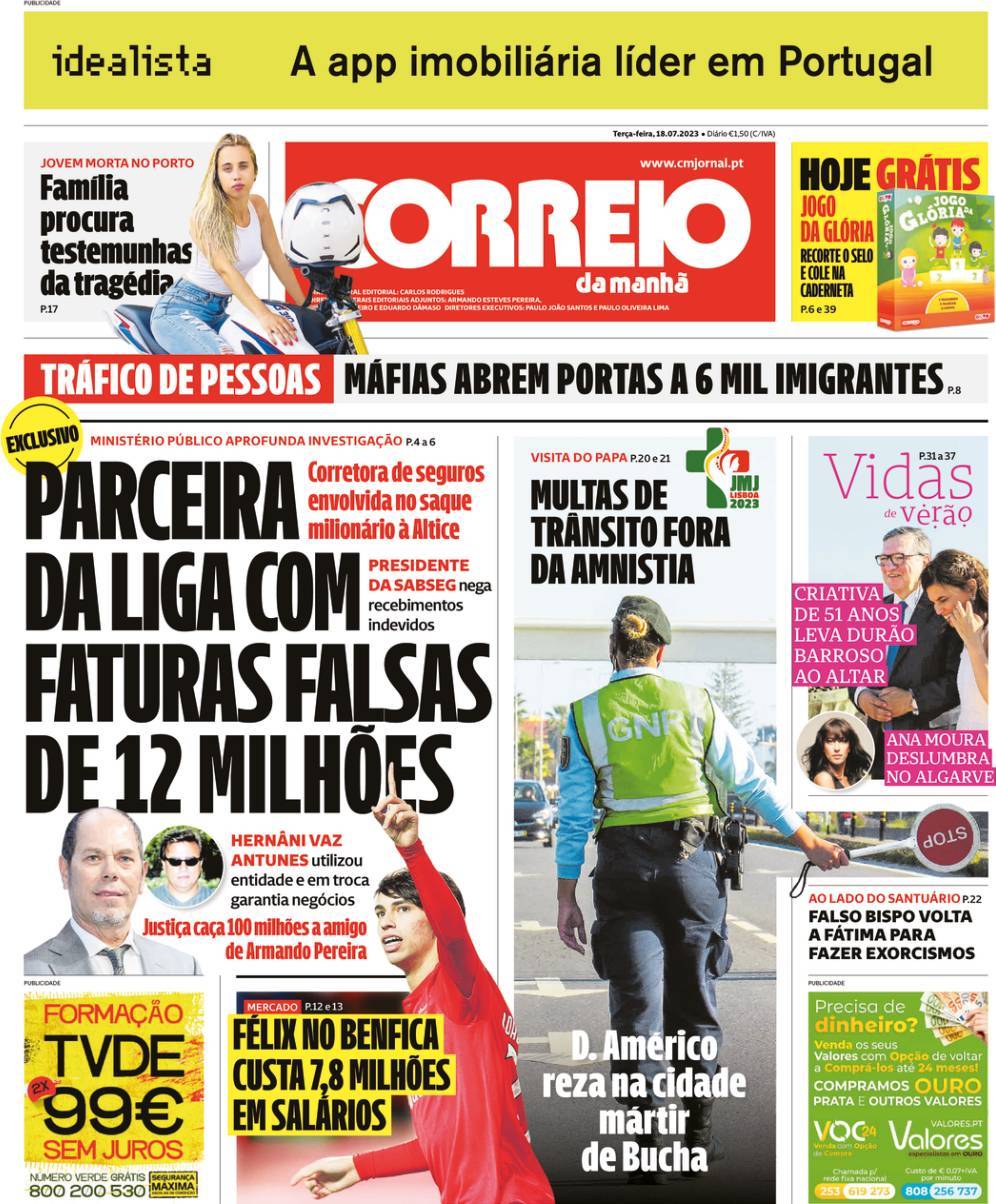 Correio da Manh&atilde;: Capa da Edi&ccedil;&atilde;o de ter&ccedil;a-feira, 18 de julho 2023