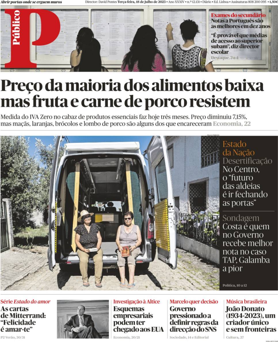 P&uacute;blico: Capa da Edi&ccedil;&atilde;o de ter&ccedil;a-feira, 18 de julho 2023