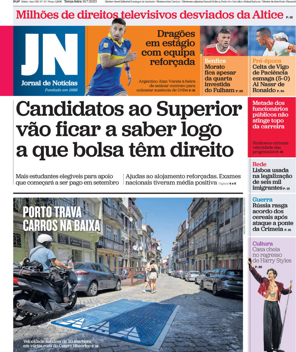 Jornal de Not&iacute;cias: Capa da Edi&ccedil;&atilde;o de ter&ccedil;a-feira, 18 de julho 2023