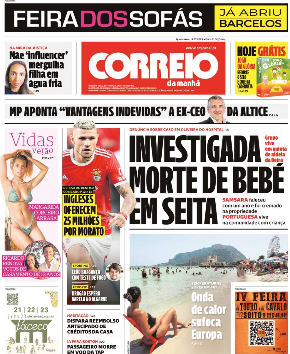 Correio da Manh&atilde;: Capa da Edi&ccedil;&atilde;o de quarta-feira, 19 de julho 2023