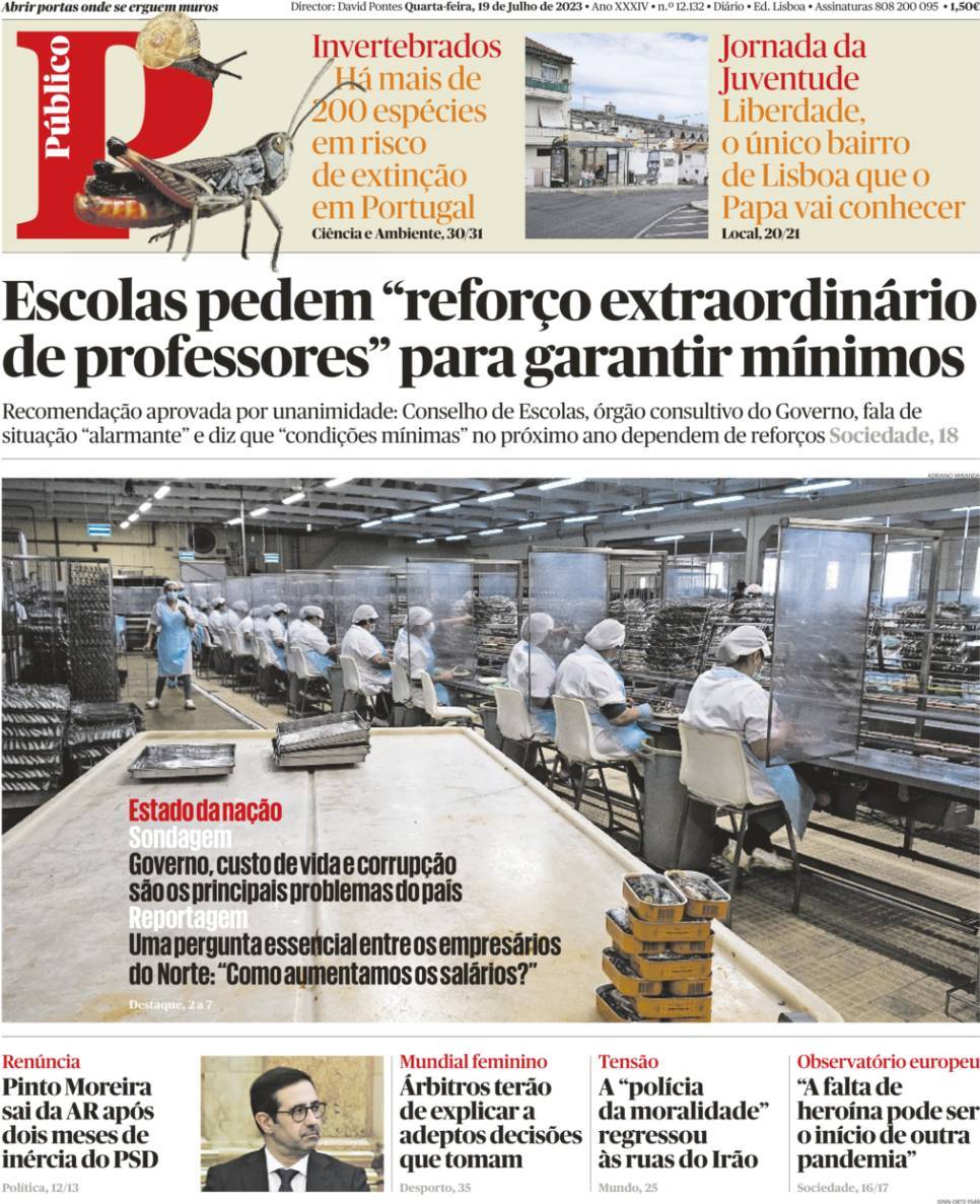 P&uacute;blico: Capa da Edi&ccedil;&atilde;o de quarta-feira, 19 de julho 2023
