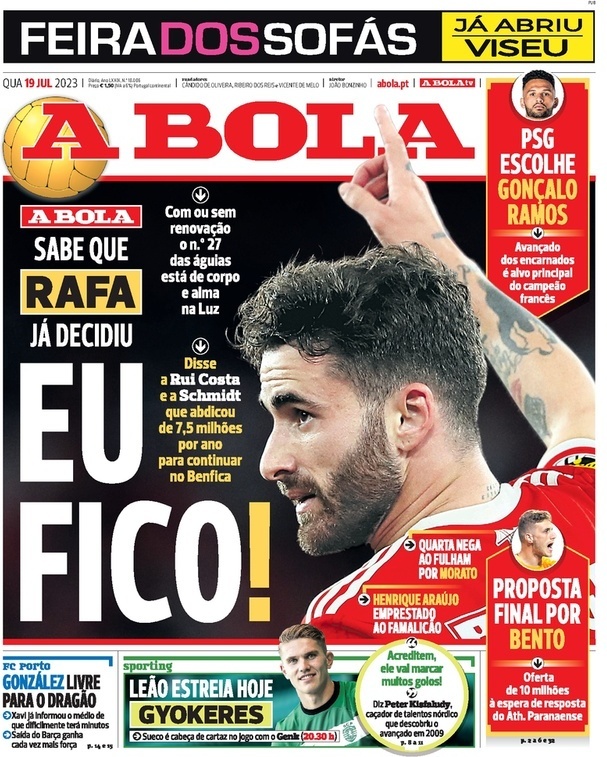A Bola: Capa da Edi&ccedil;&atilde;o de quarta-feira, 19 de julho 2023