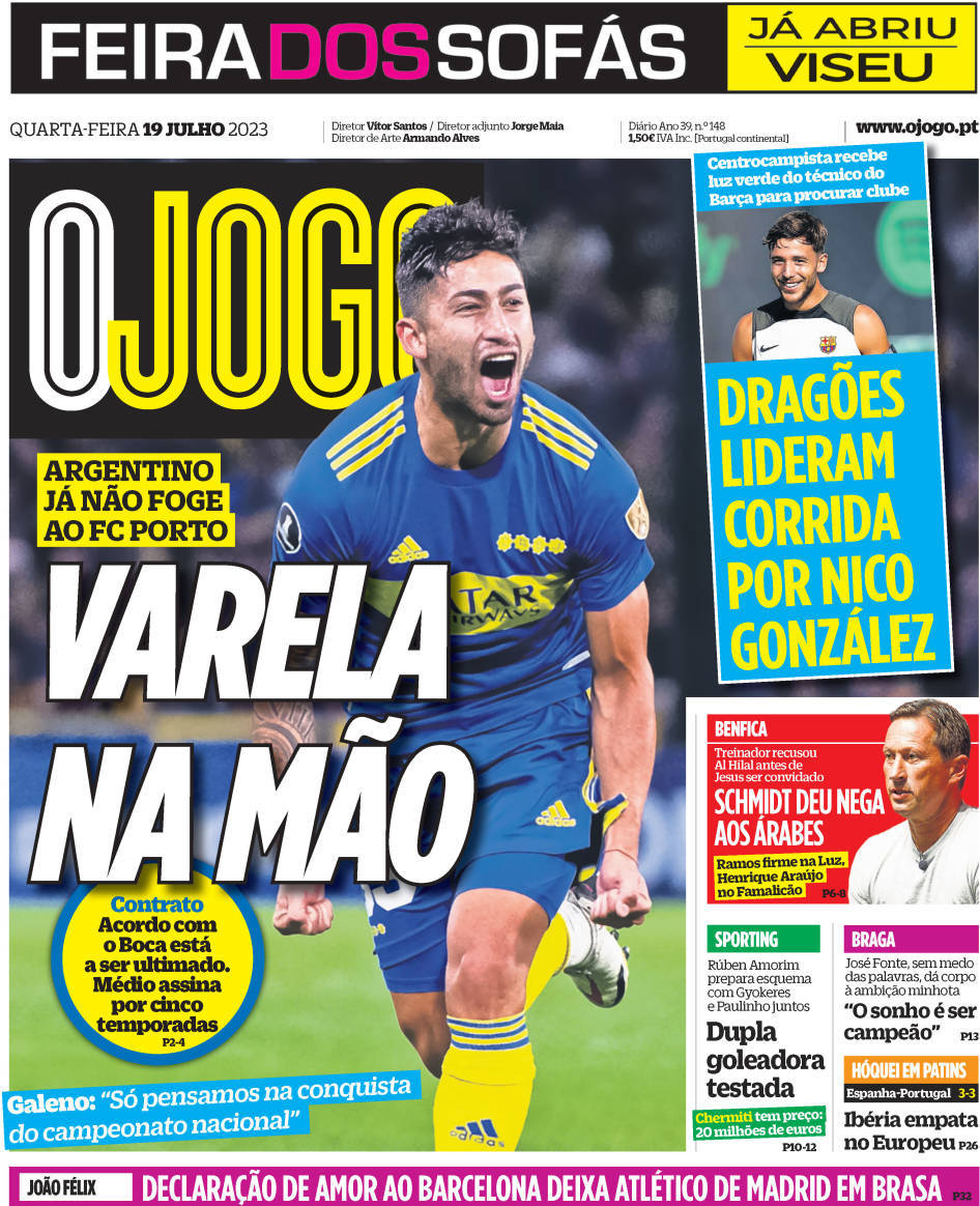 O Jogo: Capa da Edi&ccedil;&atilde;o de quarta-feira, 19 de julho 2023