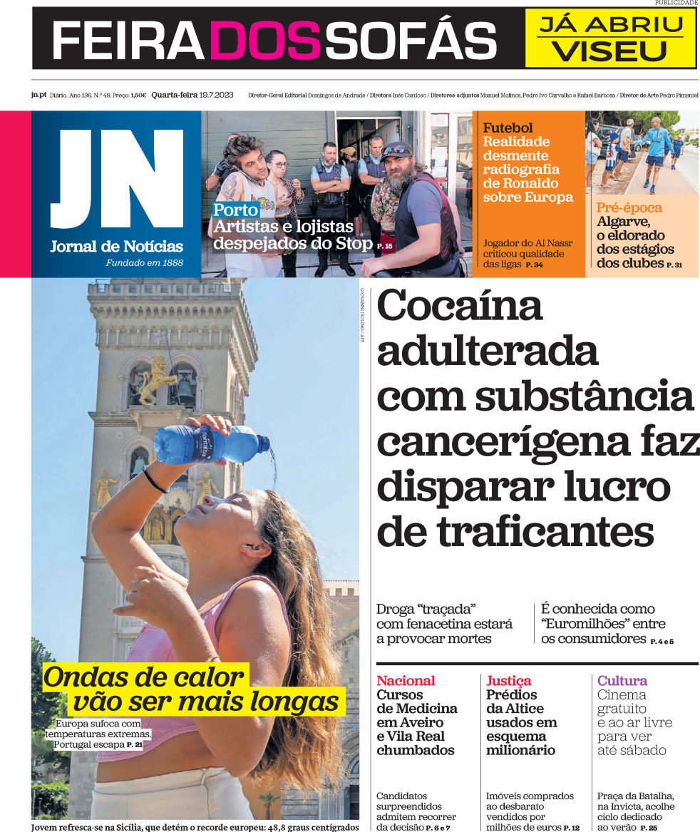 Jornal de Not&iacute;cias: Capa da Edi&ccedil;&atilde;o de quarta-feira, 19 de julho 2023