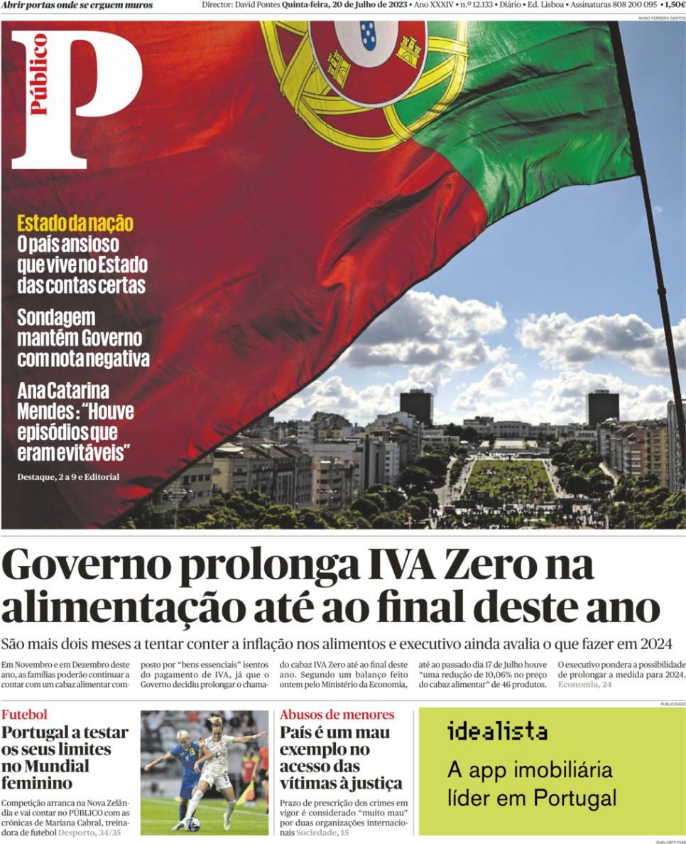P&uacute;blico: Capa da Edi&ccedil;&atilde;o de quinta-feira, 20 de julho 2023
