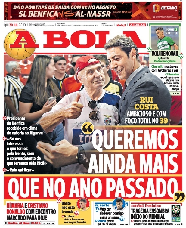 A Bola: Capa da Edi&ccedil;&atilde;o de quinta-feira, 20 de julho 2023