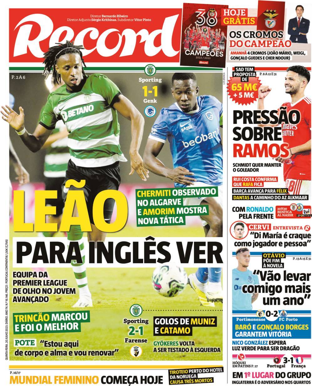 Record: Capa da Edi&ccedil;&atilde;o de quinta-feira, 20 de julho 2023