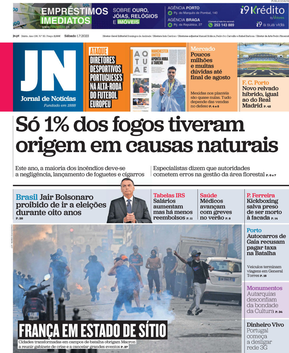 Jornal de Not&iacute;cias: Capa da Edi&ccedil;&atilde;o de s&aacute;bado, 01 de julho 2023