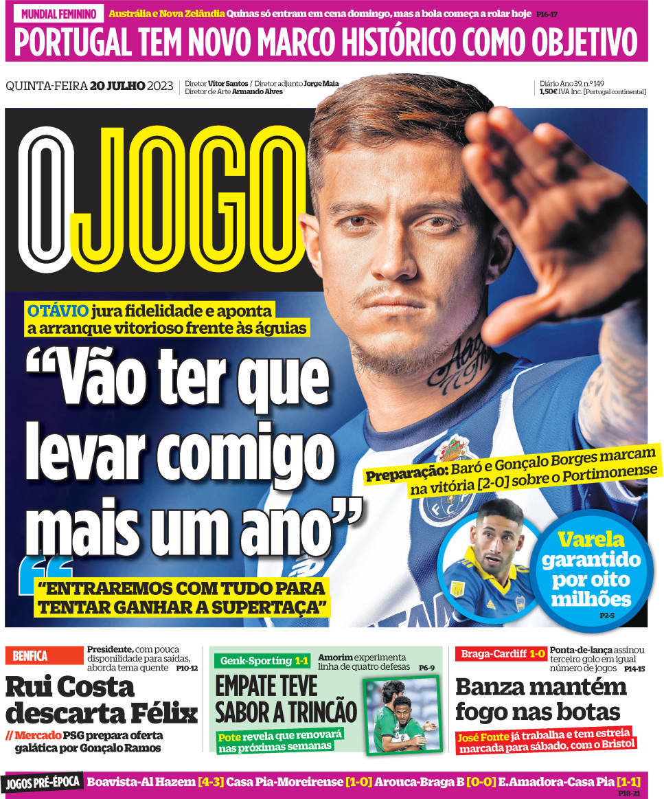 O Jogo: Capa da Edi&ccedil;&atilde;o de quinta-feira, 20 de julho 2023
