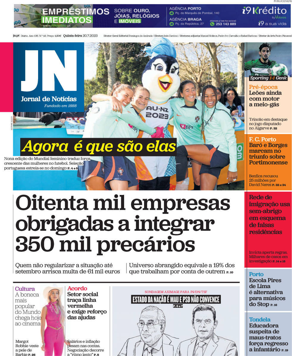 Jornal de Not&iacute;cias: Capa da Edi&ccedil;&atilde;o de quinta-feira, 20 de julho 2023