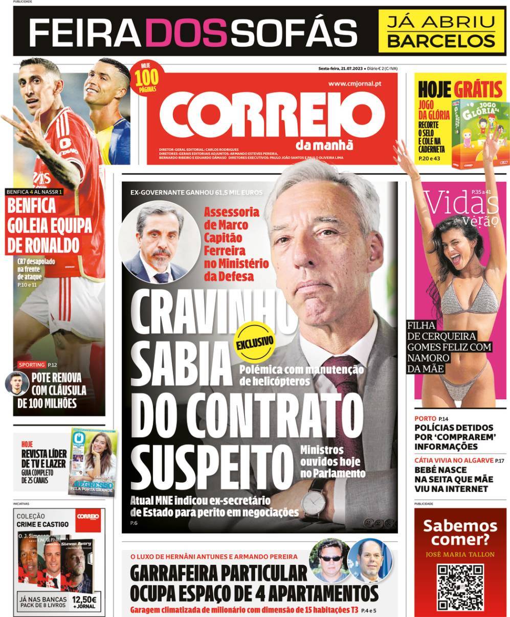 Correio da Manh&atilde;: Capa da Edi&ccedil;&atilde;o de sexta-feira, 21 de julho 2023