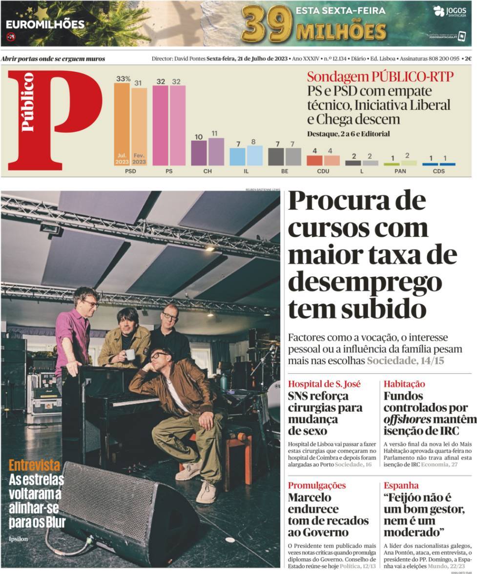 P&uacute;blico: Capa da Edi&ccedil;&atilde;o de sexta-feira, 21 de julho 2023