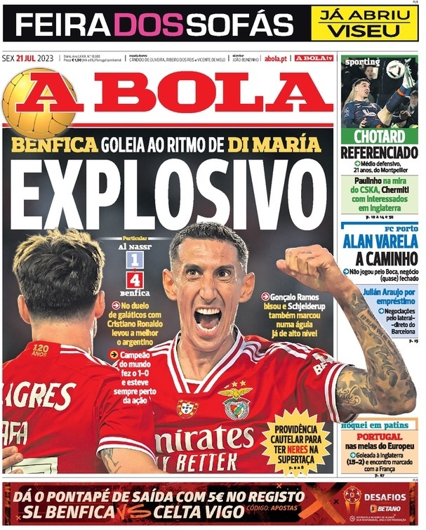 A Bola: Capa da Edi&ccedil;&atilde;o de sexta-feira, 21 de julho 2023