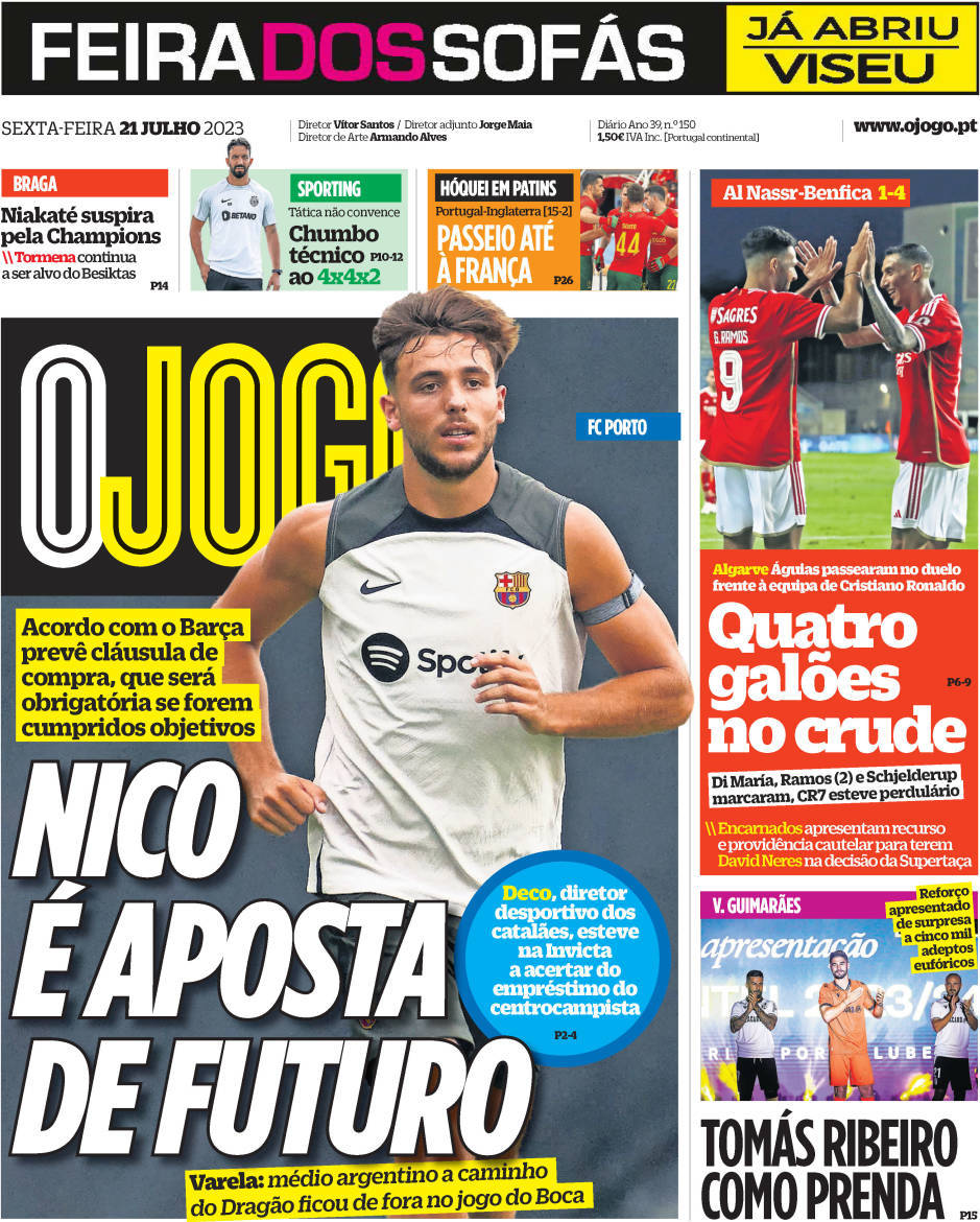 O Jogo: Capa da Edi&ccedil;&atilde;o de sexta-feira, 21 de julho 2023