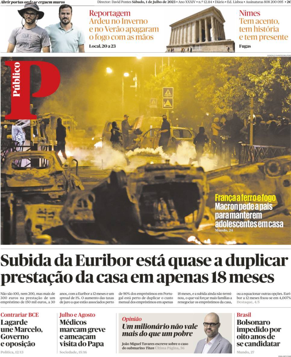P&uacute;blico: Capa da Edi&ccedil;&atilde;o de s&aacute;bado, 01 de julho 2023