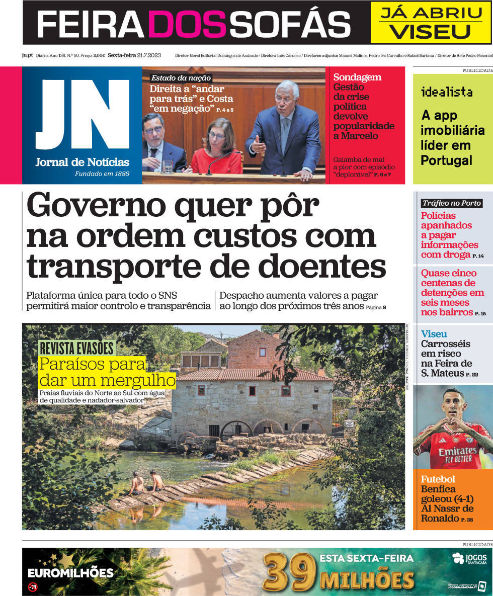 Jornal de Not&iacute;cias: Capa da Edi&ccedil;&atilde;o de sexta-feira, 21 de julho 2023