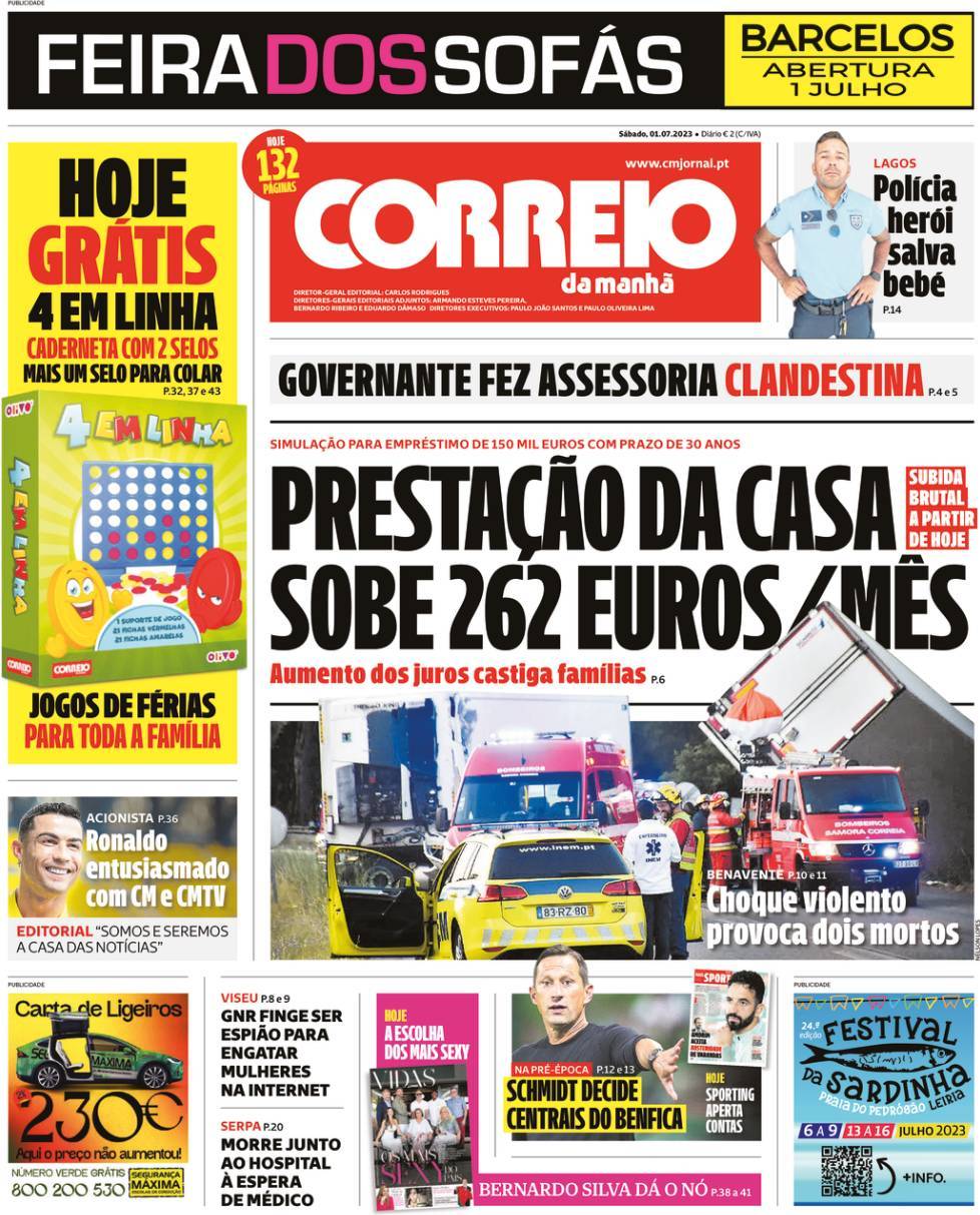 Correio da Manh&atilde;: Capa da Edi&ccedil;&atilde;o de s&aacute;bado, 01 de julho 2023