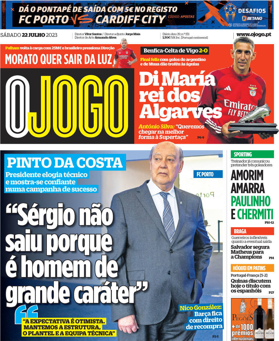 O Jogo: Capa da Edi&ccedil;&atilde;o de s&aacute;bado, 22 de julho 2023
