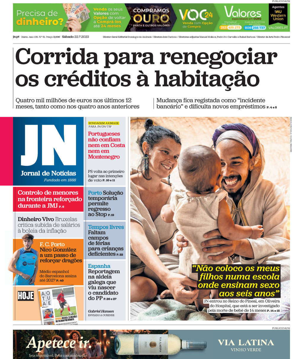 Jornal de Not&iacute;cias: Capa da Edi&ccedil;&atilde;o de s&aacute;bado, 22 de julho 2023