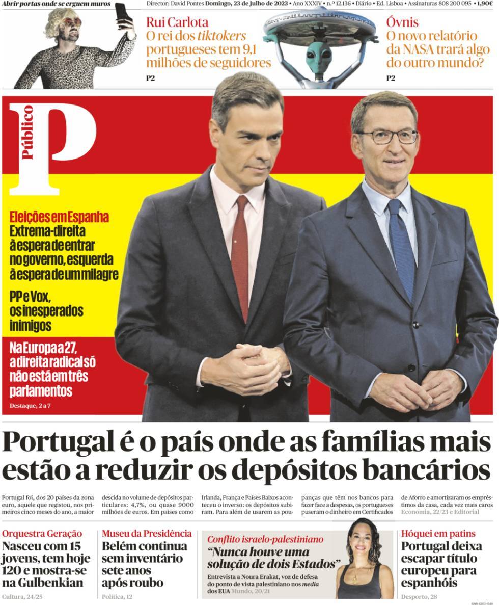 P&uacute;blico: Capa da Edi&ccedil;&atilde;o de domingo, 23 de julho 2023