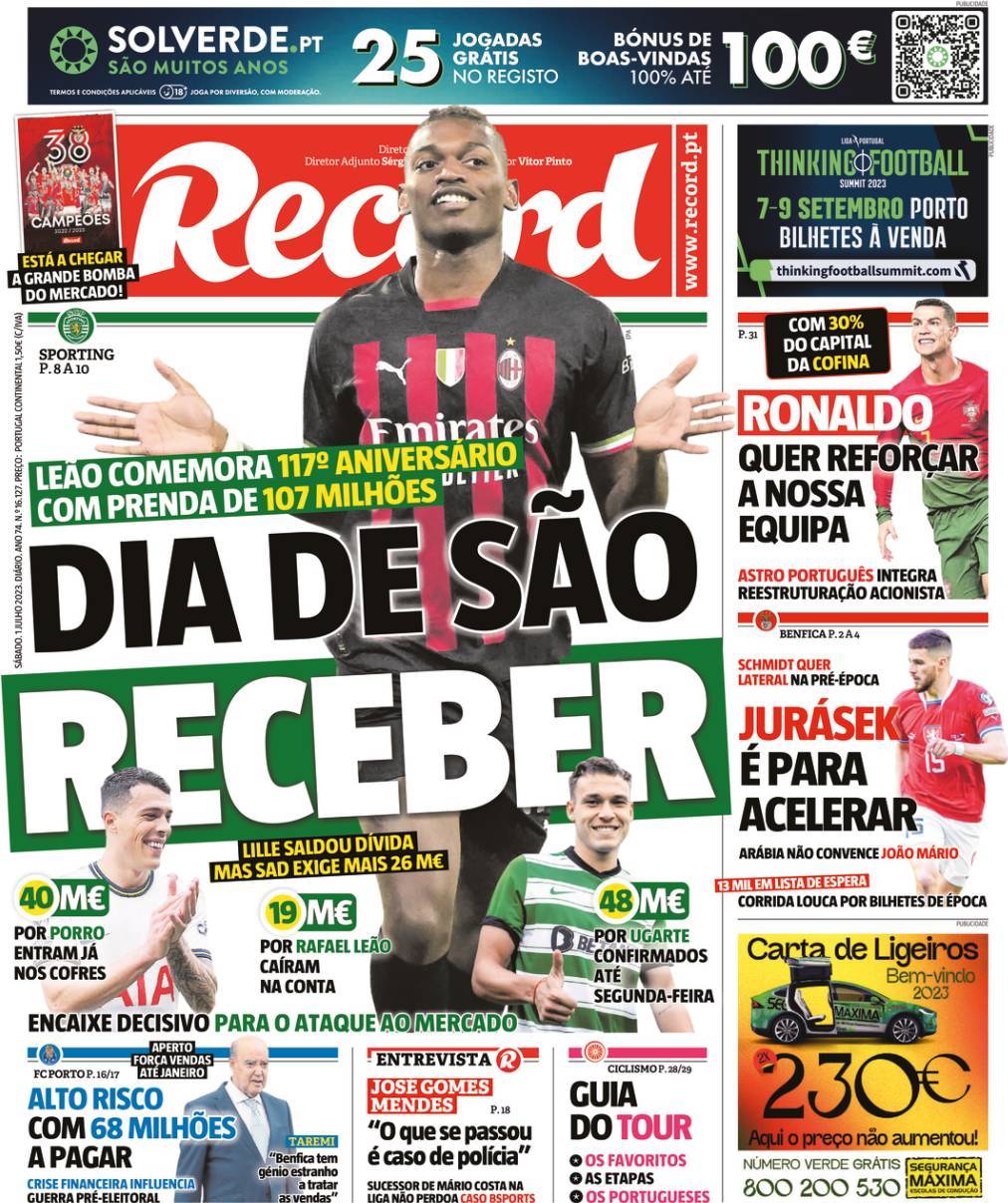 Record: Capa da Edi&ccedil;&atilde;o de s&aacute;bado, 01 de julho 2023