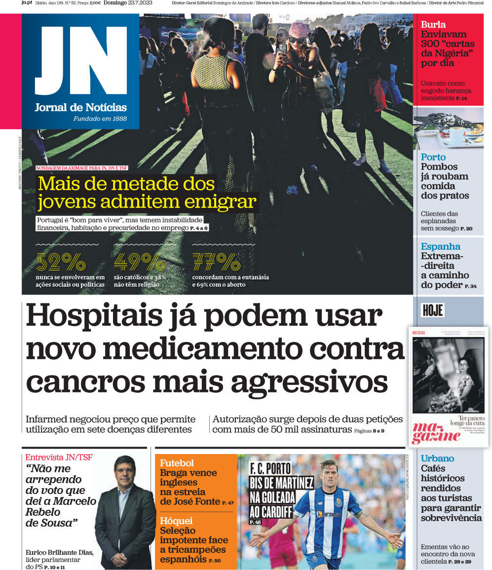 Jornal de Not&iacute;cias: Capa da Edi&ccedil;&atilde;o de domingo, 23 de julho 2023
