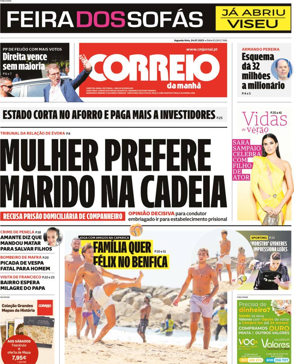 Correio da Manh&atilde;: Capa da Edi&ccedil;&atilde;o de segunda-feira, 24 de julho 2023
