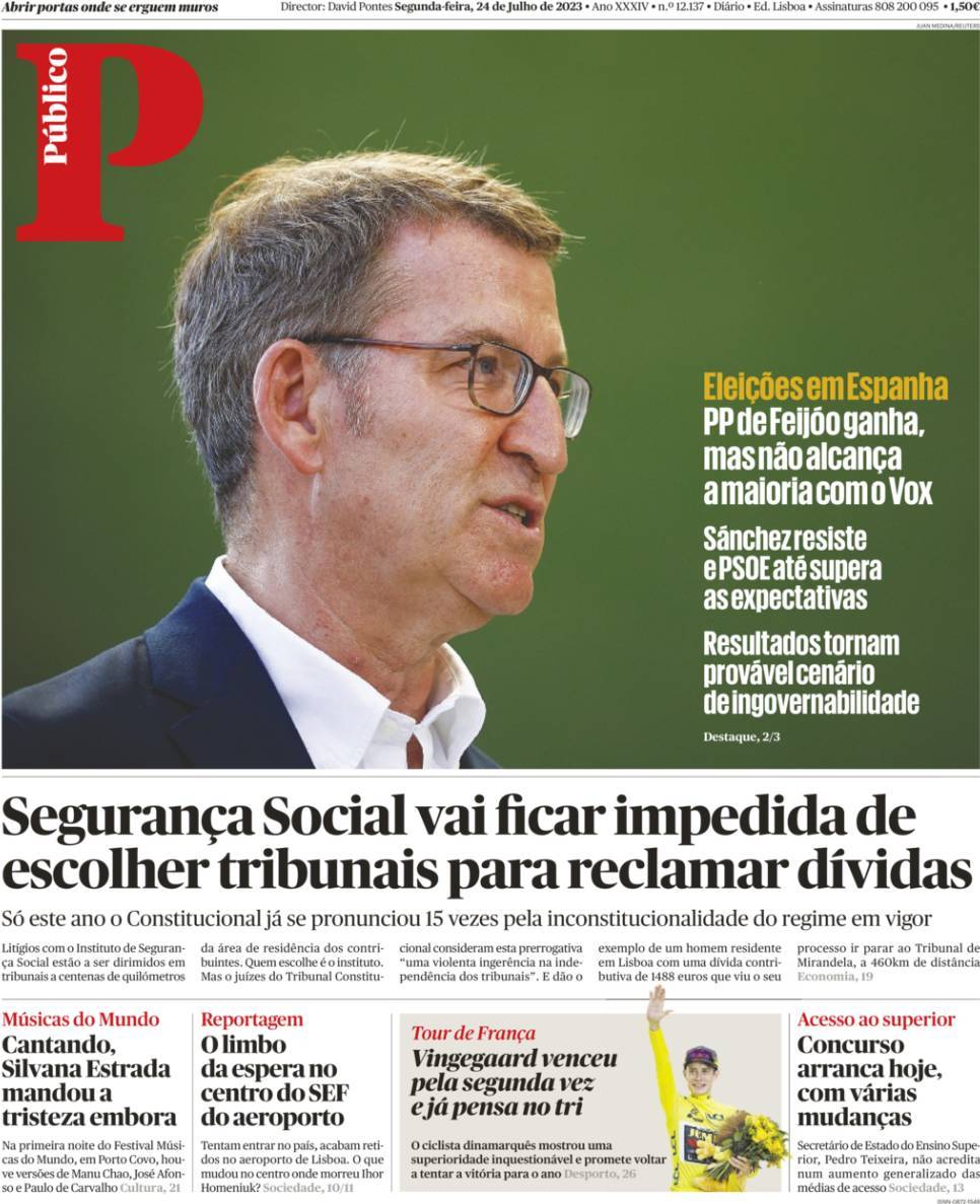 P&uacute;blico: Capa da Edi&ccedil;&atilde;o de segunda-feira, 24 de julho 2023