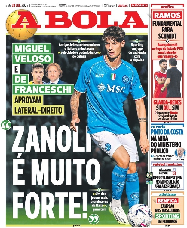 A Bola: Capa da Edi&ccedil;&atilde;o de segunda-feira, 24 de julho 2023