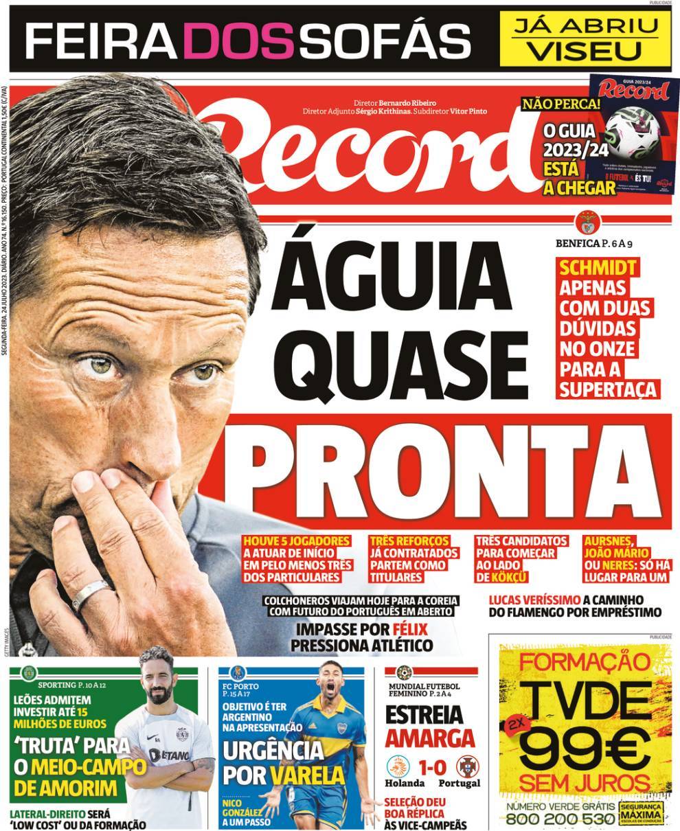 Record: Capa da Edi&ccedil;&atilde;o de segunda-feira, 24 de julho 2023