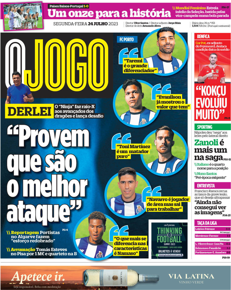 O Jogo: Capa da Edi&ccedil;&atilde;o de segunda-feira, 24 de julho 2023