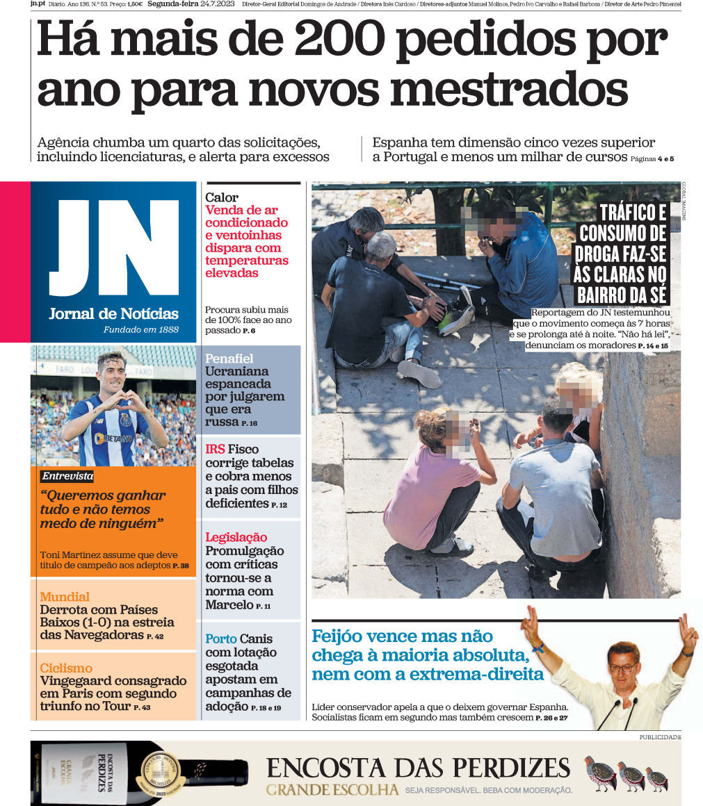 Jornal de Not&iacute;cias: Capa da Edi&ccedil;&atilde;o de segunda-feira, 24 de julho 2023