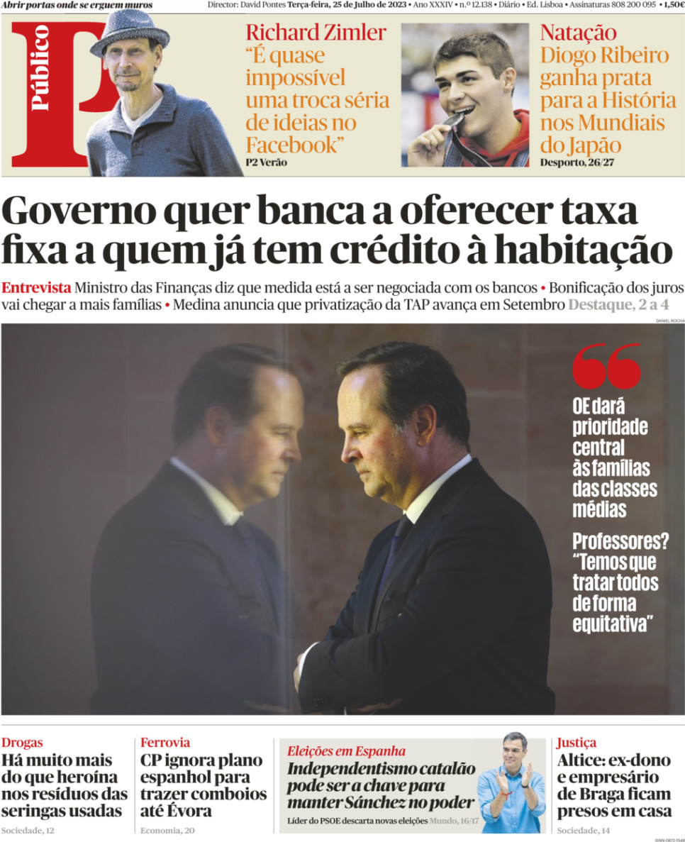 P&uacute;blico: Capa da Edi&ccedil;&atilde;o de ter&ccedil;a-feira, 25 de julho 2023