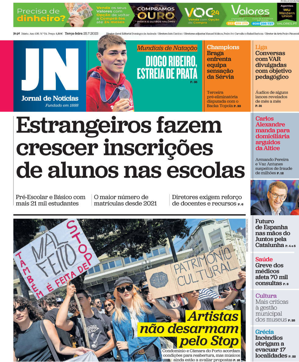 Jornal de Not&iacute;cias: Capa da Edi&ccedil;&atilde;o de ter&ccedil;a-feira, 25 de julho 2023