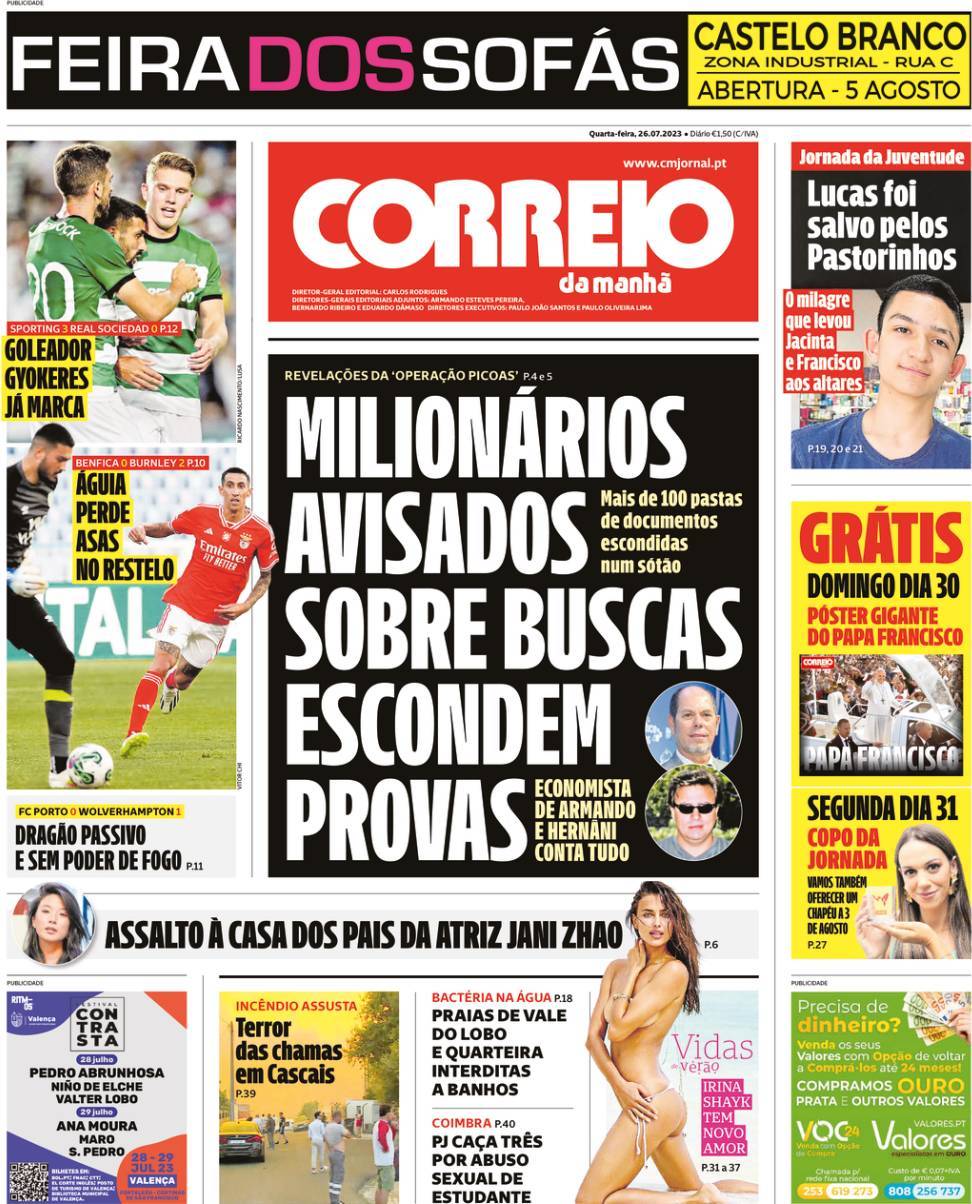 Correio da Manh&atilde;: Capa da Edi&ccedil;&atilde;o de quarta-feira, 26 de julho 2023