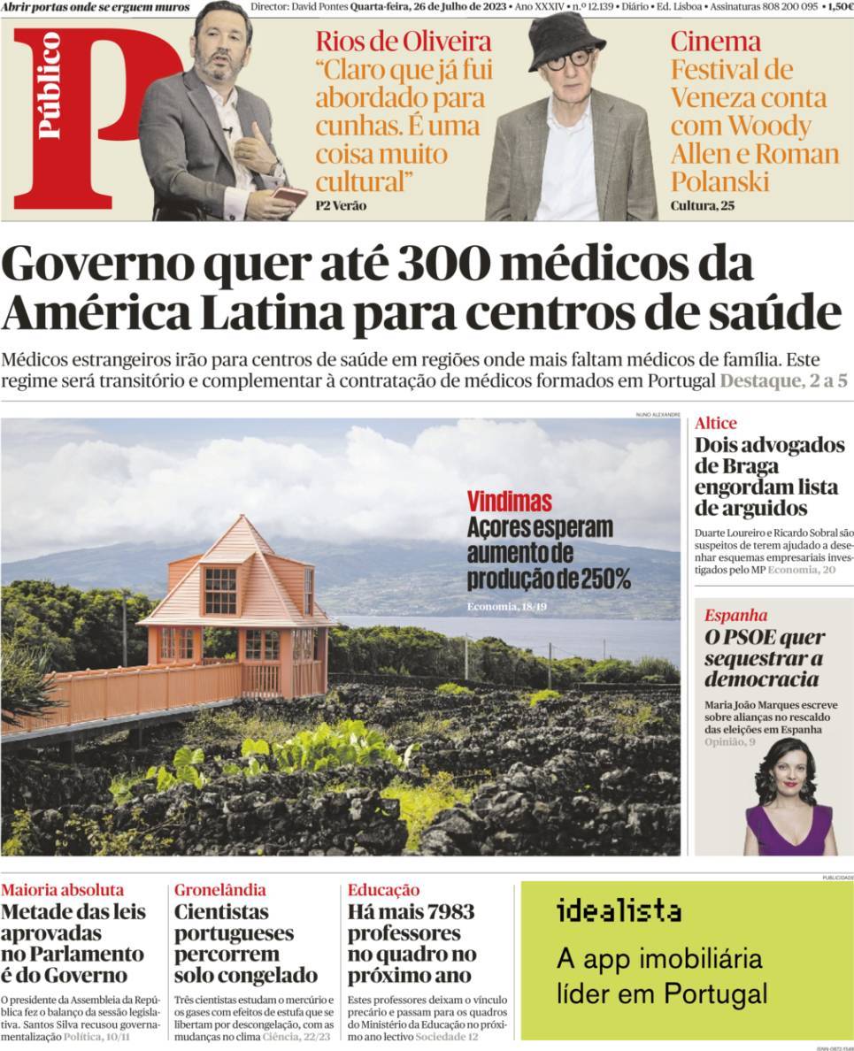 P&uacute;blico: Capa da Edi&ccedil;&atilde;o de quarta-feira, 26 de julho 2023