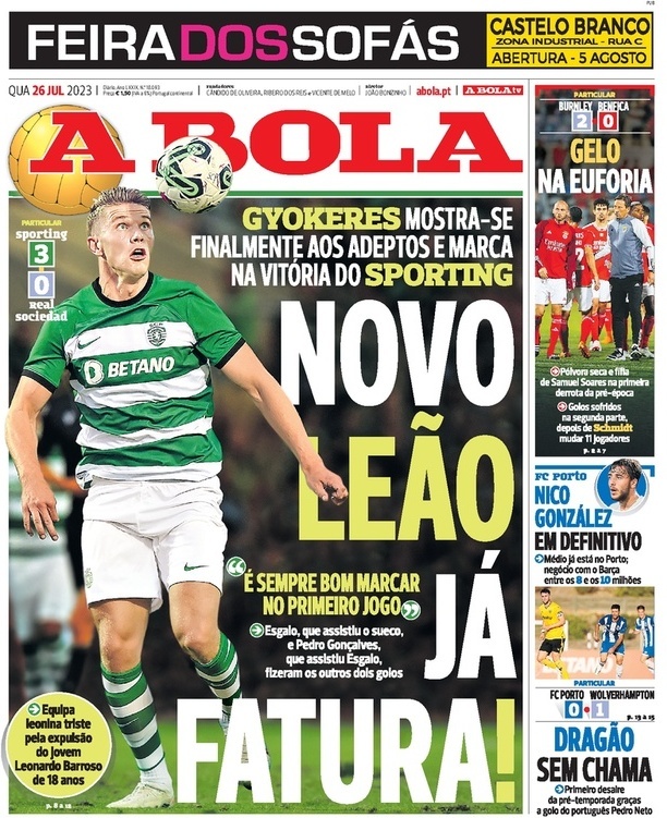 A Bola: Capa da Edi&ccedil;&atilde;o de quarta-feira, 26 de julho 2023