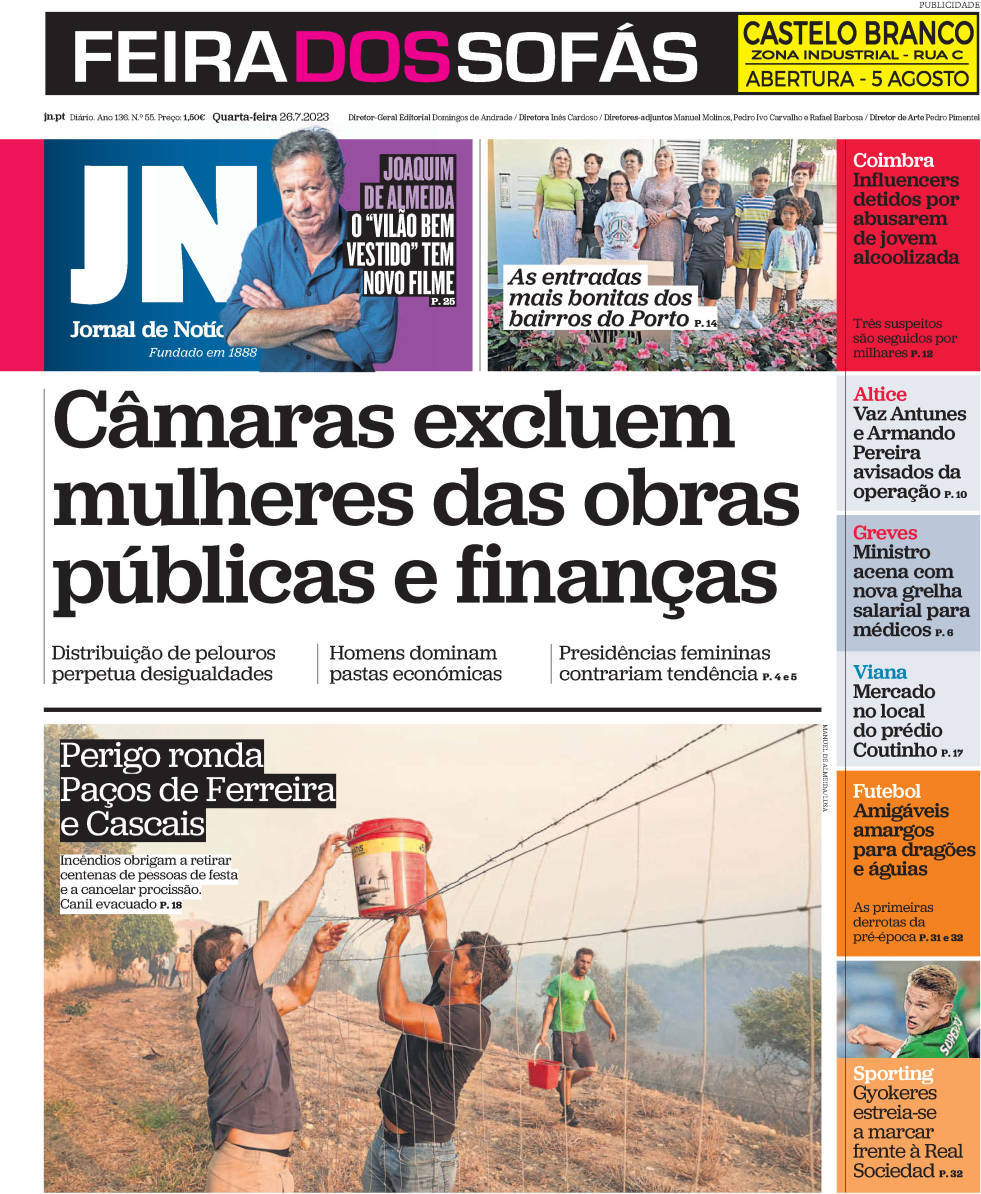 Jornal de Not&iacute;cias: Capa da Edi&ccedil;&atilde;o de quarta-feira, 26 de julho 2023