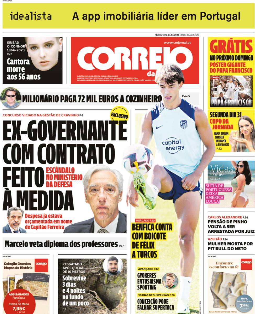 Correio da Manh&atilde;: Capa da Edi&ccedil;&atilde;o de quinta-feira, 27 de julho 2023