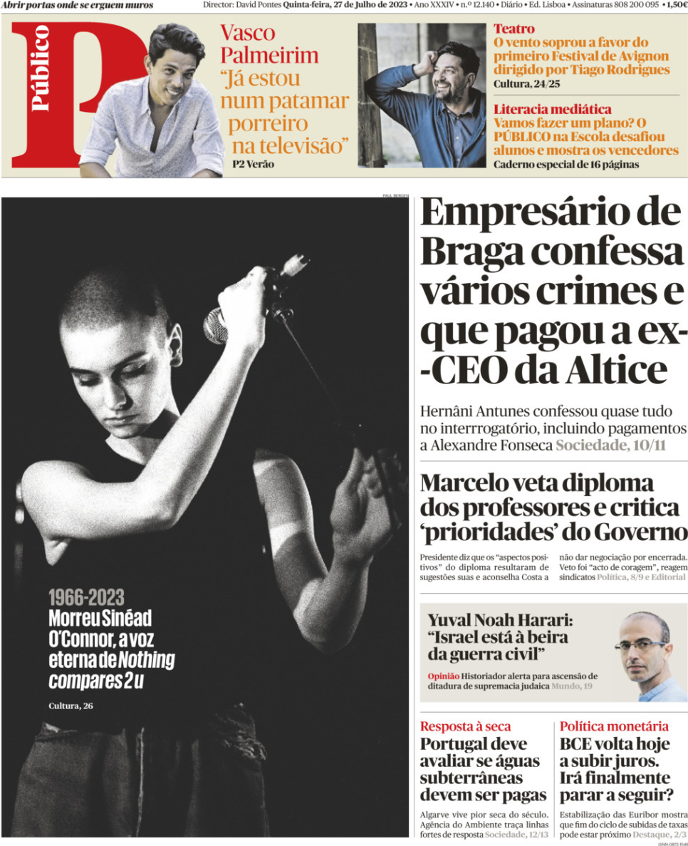 P&uacute;blico: Capa da Edi&ccedil;&atilde;o de quinta-feira, 27 de julho 2023