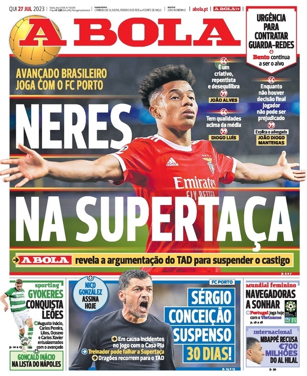 A Bola: Capa da Edi&ccedil;&atilde;o de quinta-feira, 27 de julho 2023