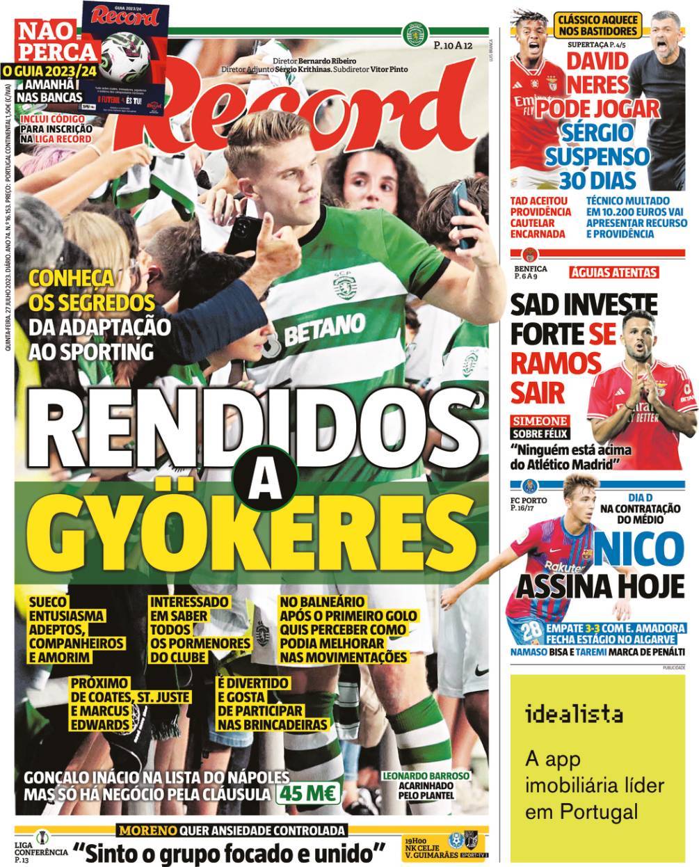 Record: Capa da Edi&ccedil;&atilde;o de quinta-feira, 27 de julho 2023