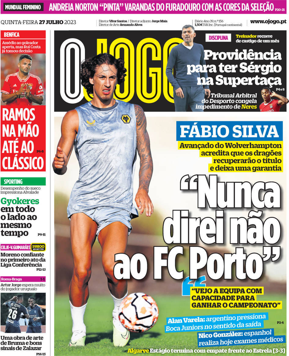 O Jogo: Capa da Edi&ccedil;&atilde;o de quinta-feira, 27 de julho 2023