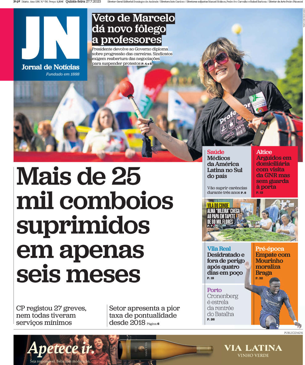 Jornal de Not&iacute;cias: Capa da Edi&ccedil;&atilde;o de quinta-feira, 27 de julho 2023