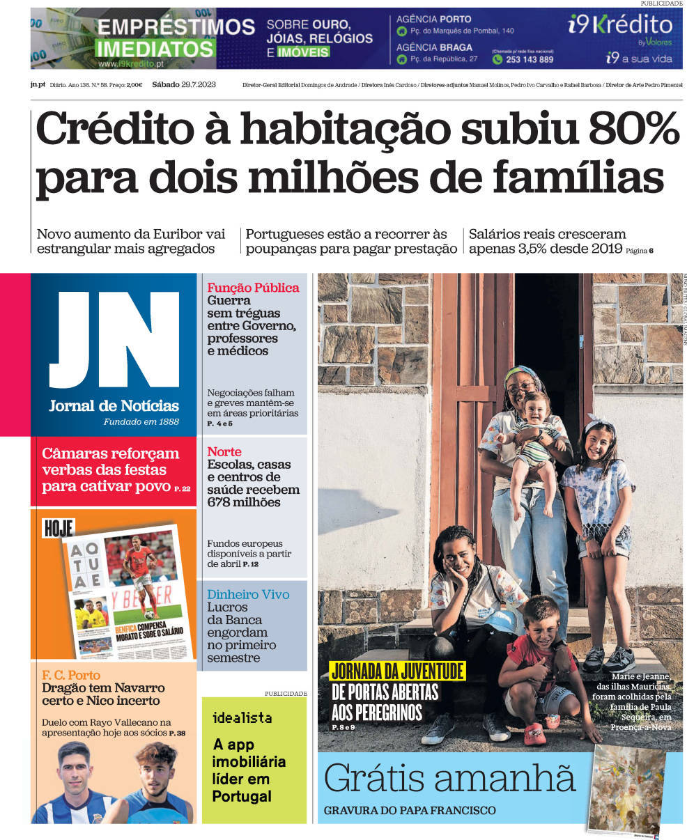 Jornal de Not&iacute;cias: Capa da Edi&ccedil;&atilde;o de s&aacute;bado, 29 de julho 2023