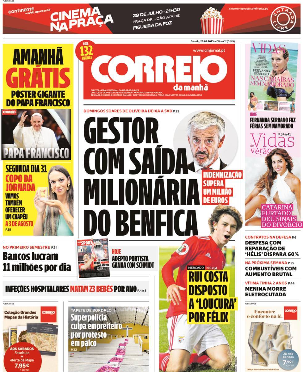 Correio da Manh&atilde;: Capa da Edi&ccedil;&atilde;o de s&aacute;bado, 29 de julho 2023