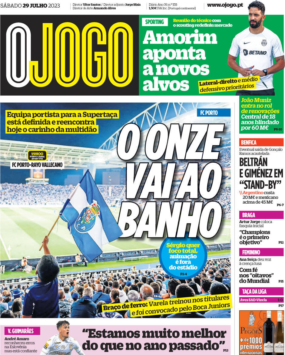 O Jogo: Capa da Edição de sábado, 29 de julho 2023 | CA Notícias | Canal Alternativo de Notícias O Jogo: Capa da Edição de sábado, 29 de julho 2023