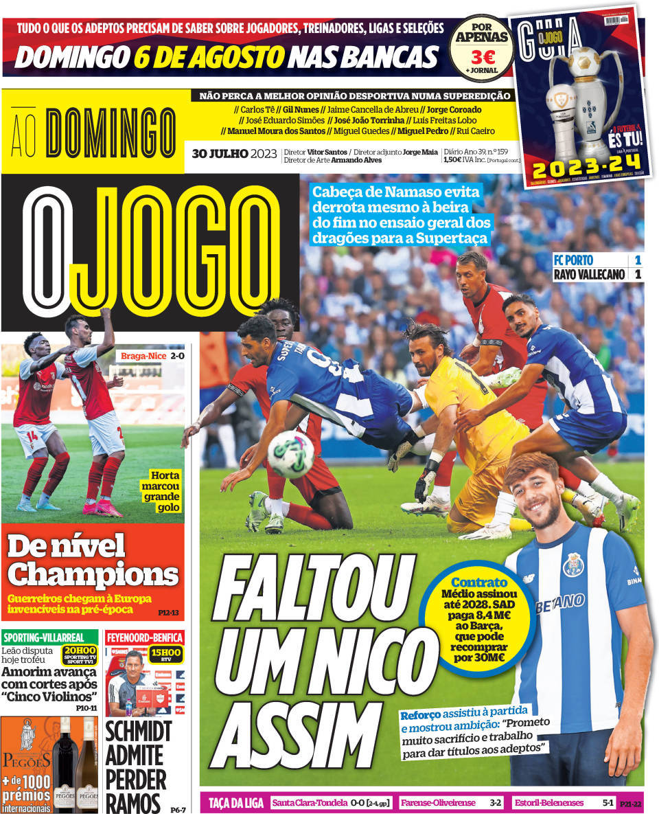 O Jogo: Capa da Edi&ccedil;&atilde;o de domingo, 30 de julho 2023