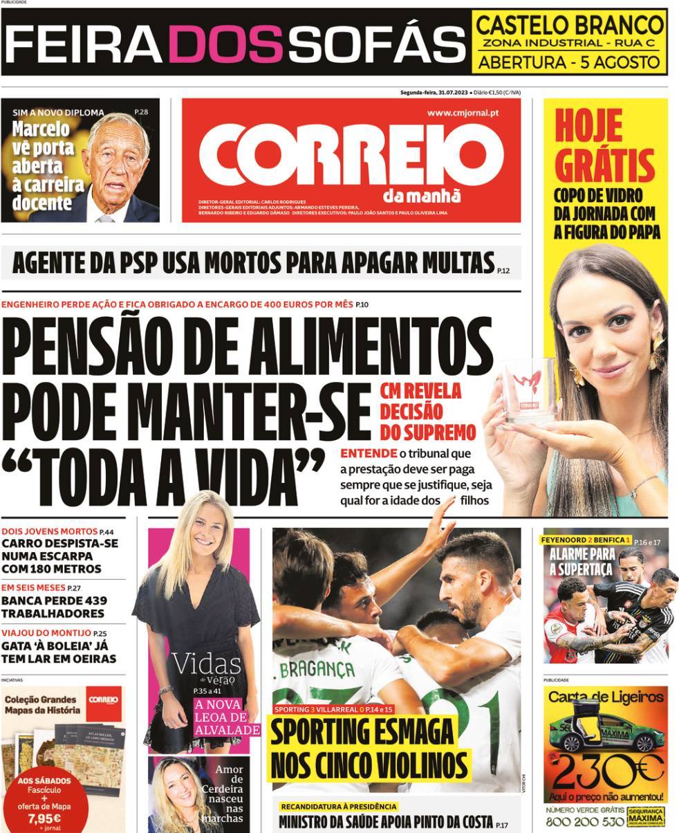 Correio da Manh&atilde;: Capa da Edi&ccedil;&atilde;o de segunda-feira, 31 de julho 2023