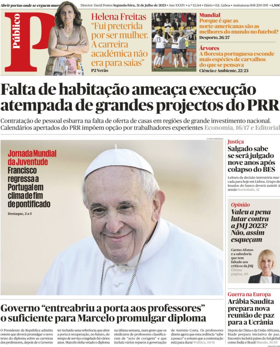 P&uacute;blico: Capa da Edi&ccedil;&atilde;o de segunda-feira, 31 de julho 2023
